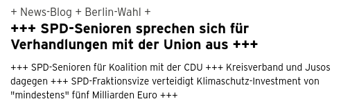 Nachrichtenseiten-Screenshot zum "News-Blog" der "Berlin-Wahl", Überschrift: "SPD-Senioren sprechen sich für Verhandlungen mit der Union aus", darunter Ticker-Zusammenfassungen "SPD-Senionren für Koalition mit der CDU", "Kreisverband und Jusos dagegen", "SPD-Fraktionsvize verteidigt Klimaschutz-Investment von 'mindestens' fünf Milliarden Euro"
