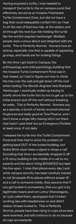 a continuation of username gallusrostromegalus post: Having acquired a turtle, I now needed to transport the turtle to the on-campus pond that effectively served as an Invasive Freshwater Turtle Containment Zone, but did not have a bag that could adequately contain him so I had to sit the rest of that bus ride, at the station and all through the next bus ride holding the turtle like the wond's angriest hamburger. Multiple people were curious about and delighted with the turtle. This is Perfectly Normal. Humans love an animal, especially one that is capable of appearing grumpy, and hands are for holding things.  By the time I got back to Campus, the anthropology and child psychology building that the Invasive Turtle Containment Pond was in had closed, so I had to figure out how to climb the tree over the wall and get down off the roof while holding The World's Angriest And Sharpest Hamburger. I eventually ended up having to briefly shove the turtle into by bra to get up to the initial branch and off the roof without breaking an ankle. This is Perfectly Normal. Humans are, as a species, a bunch of barely-evolved arboreal frugivores and really good at Tree Physics, and I don't know a single titty-having bitch out there that hasn't used their bra as Emergency Pockets at least once, if not daily.  I released the turtle into the Turtle Containment Pond and then had to solve the problem of getting back OUT of the locked building, but Nokia Brick never loses a signal or drops a call (including that time I accidentally dropped it off a 13-story building in the middle of a call to my parents and the damn thing BOUNCED but kept the line open. I miss that phone every day.) and while campus security has been carefully trained to not let people IN to places without proper ID and a call to someone inside, they assume that if you got locked in somewhere, that you got in by legitimate means and not Lemur Shenanigans, so i just called them, apologized that I'd been working late with headphones on and didn't realize I'd been locked in. This is Perfectly Normal, people have been lying to cops since laws were invented, and will continue to do so because all cops are bastards. 